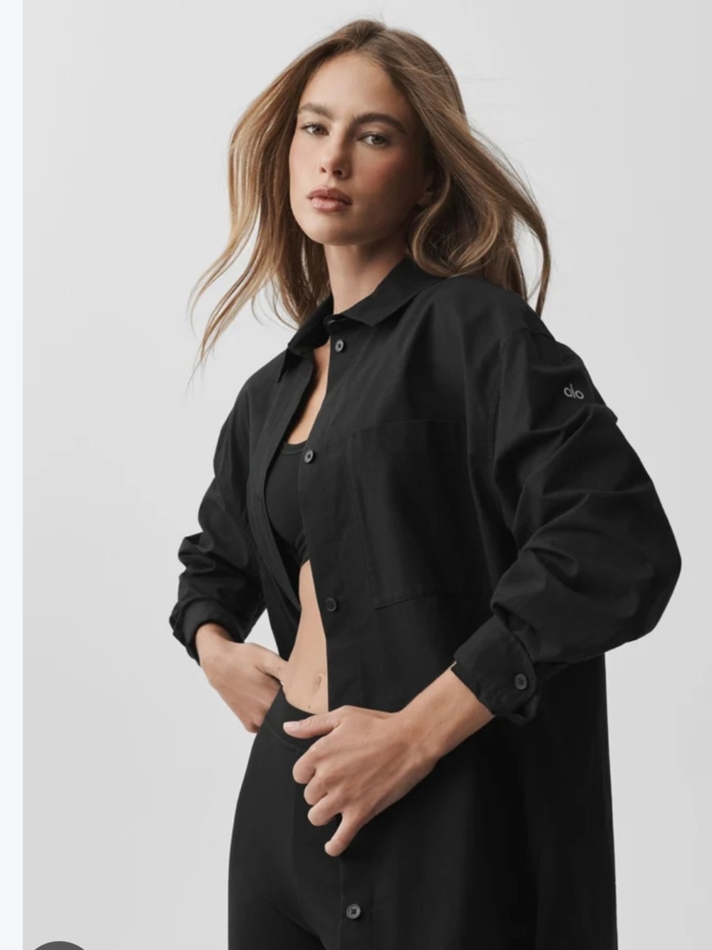 Alo Yoga Long-sleeved button-down shirt made of genuine cotton Black Sz Small